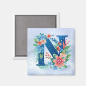 N blaues Monogramm mit Blume Magnet (Vorderseite/Rückseite)