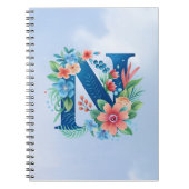 N blaues Monogramm mit Blume Notizblock (Vorderseite)