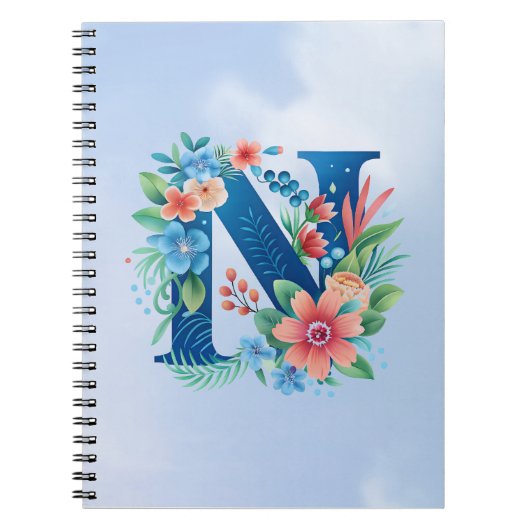 N blaues Monogramm mit Blume Notizblock (Vorderseite)