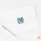 N blaues Monogramm mit Blume Quadratischer Aufkleber (Umschlag)