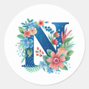 N blaues Monogramm mit Blume Runder Aufkleber