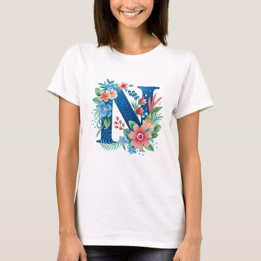 N blaues Monogramm mit Blume T-Shirt (Vorderseite)