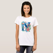 N blaues Monogramm mit Blume T-Shirt (Vorne ganz)