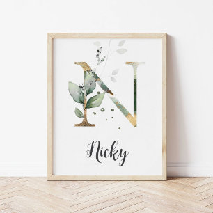 N Buchstabe Monogramm Grünzeug Kinderzimmer Namens Poster
