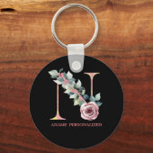N Floral Monogram Name Letters Pink Agate Schlüsse Schlüsselanhänger (Vorderseite)