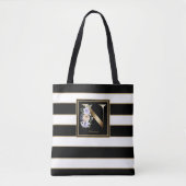 N Gold Floral Monogram | Schwarz-weiße Streifen Tasche (Vorderseite)