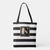 N Gold Floral Monogram | Schwarz-weiße Streifen Tasche (Rückseite)