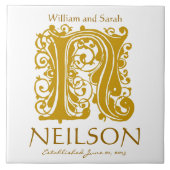 N Gold Monogram on White - Names Wedding Date Tile Fliese (Vorderseite)