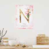 N Letter Monogram Gold Blätter Pink Magnolia Flora Poster (Küche)