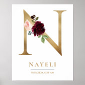 N Letter Monogram Name Marsala Floral Kinderzimmer Poster (Vorne)