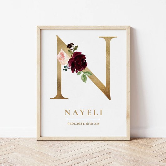 N Letter Monogram Name Marsala Floral Kinderzimmer Poster