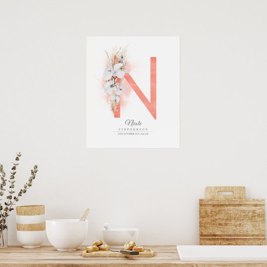 N Letter Monogram White Orchias and Pampas Grass Poster (Küche)