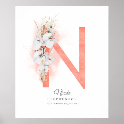N Letter Monogram White Orchias and Pampas Grass Poster (Vorne)