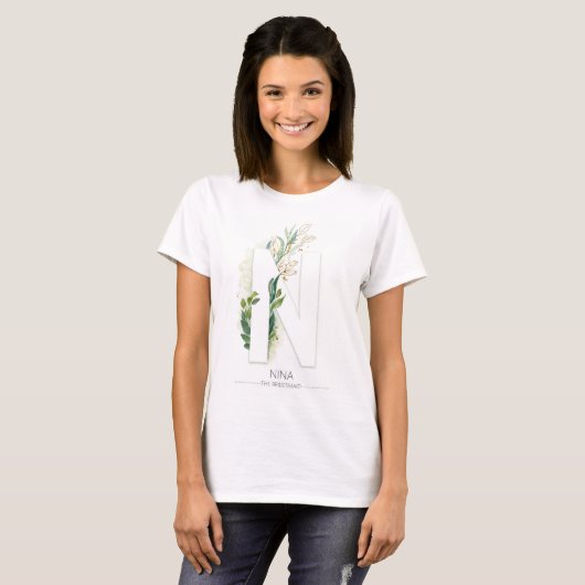 N Monogram Gold Greenery Blätter Elegant T-Shirt (Vorne ganz)