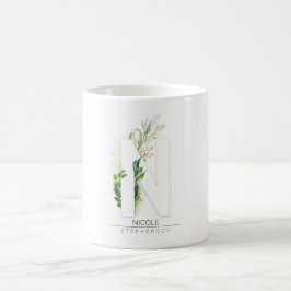 N Monogram Gold Greenery Blätter Eleganter Name Kaffeetasse