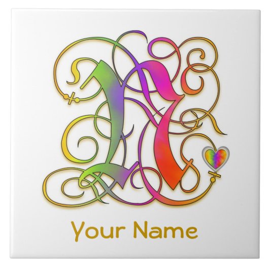 N Monogram, Ihr Name "Gothic Rainbow" Keramik Tile Fliese (Vorderseite)