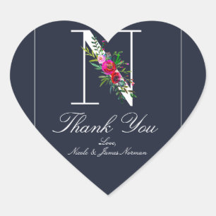 N Monogram letzte erste Hochzeit mit moderner Blau Herz-Aufkleber