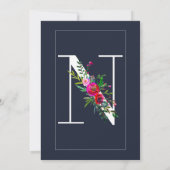 N Monogram Letzter Initial Moderner Blauer Blumenh Einladung (Rückseite)