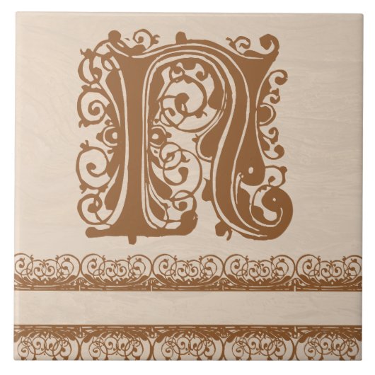N Monogram, Light Brown Wood Texture Keramik Tile Fliese (Vorderseite)