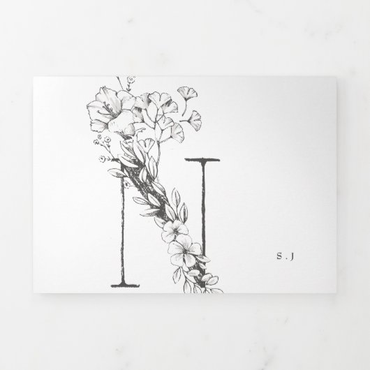 'N' Monogram Schöne gezeichnete Blumenhochzeit Dreifach Gefaltete Einladung (Cover)