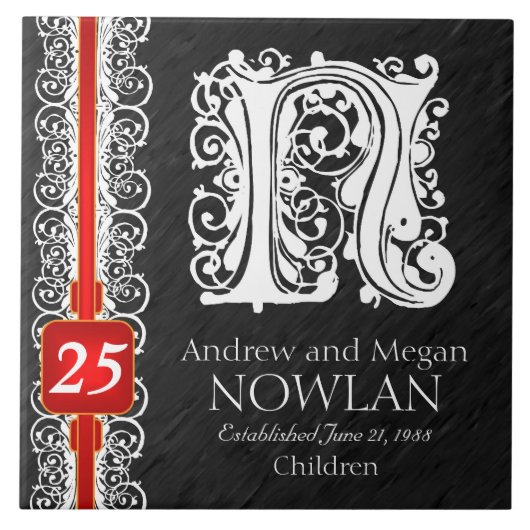 N Monogram "White Lace on Black" Anniversary Tile Fliese (Vorderseite)