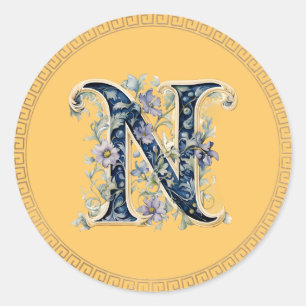 N Monogramm blaugoldene Blume Runder Aufkleber