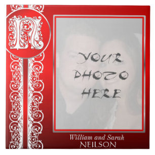 N Monogramm "Weißes Spitzen auf Rot" mit Foto - Ti Fliese