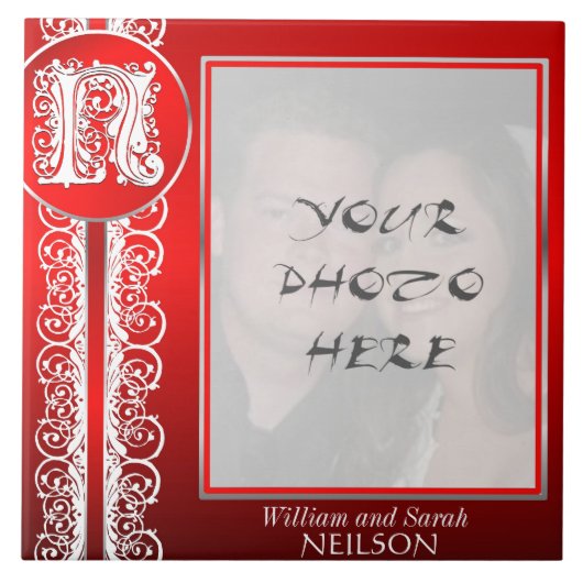 N Monogramm "Weißes Spitzen auf Rot" mit Foto - Ti Fliese (Vorderseite)