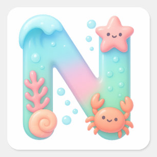 "N" Süßer Buchstabe - Unterwasser-Meereskreatur Quadratischer Aufkleber