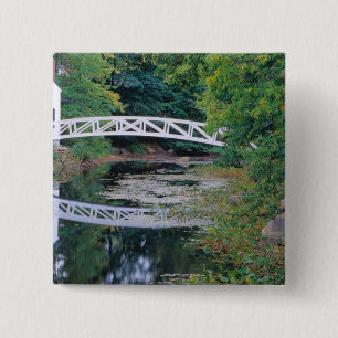 NA, USA, Maine. Brücke über einen Teich in Somesv Button