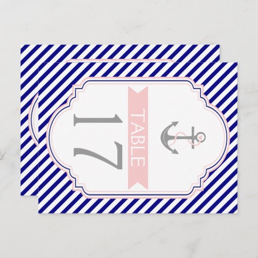 Naby blue, pink nautical wedding Tischnummer (Vorne/Hinten)
