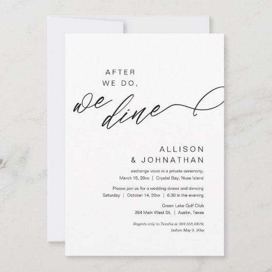 Nach dem Essen essen wir, das moderne Hochzeitsges Einladung (Vorderseite)