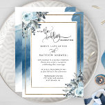 Nach der Hochzeit blauer Wasserfarbenflor Einladung<br><div class="desc">Eleganter Empfang oder Party nach der Hochzeitseinladung mit blauer Wasserfarbe fließender Fleck und exquisiten handgemalten Aquarellfarben-Blume und Blumenkästen in staubigen Blau-, Marine-, Weiß-, Salbei-, Grau- und Karamellönen. e (d.h. mit großer Freude und Spannung..). Möglichkeit, Text zu ändern, um Ihre Bedürfnisse Anzug. Rückseite der Karte mit dem gleichen zarten, fließenden blauen...</div>
