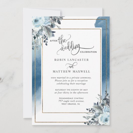 Nach der Hochzeit blauer Wasserfarbenflor Einladung (Vorderseite)