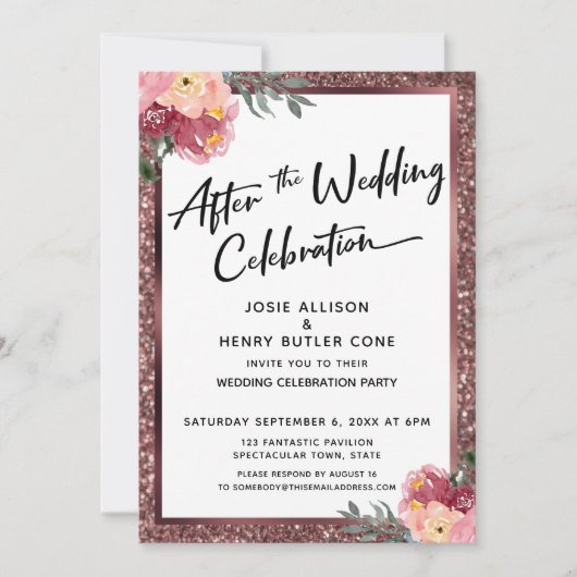 Nach der Hochzeit feiert die Rose Gold Floral Einladung (Vorderseite)