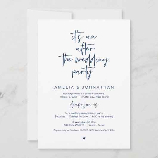 Nach der Hochzeit, Navy Blue, Elopement Party Einladung (Vorderseite)