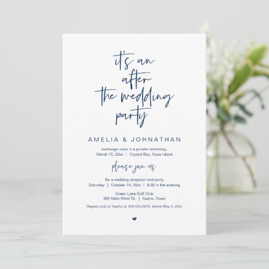 Nach der Hochzeit, Navy Blue, Elopement Party Einladung (Stehend Vorderseite)