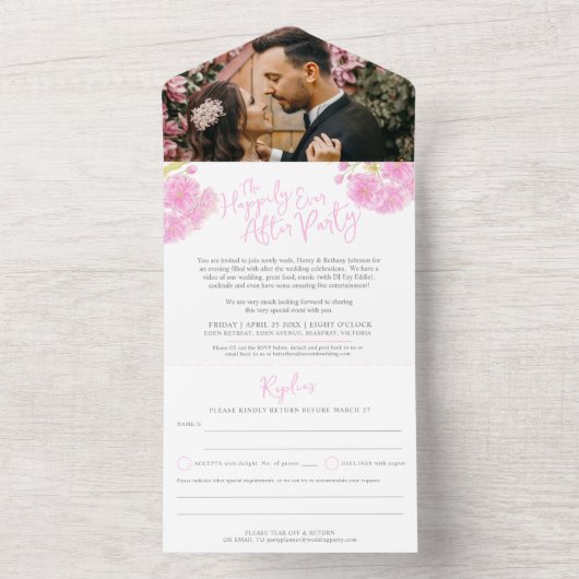 Nach der Hochzeitsfeier Foto rosa Frühlingsblüte All In One Einladung (Innen Boden)