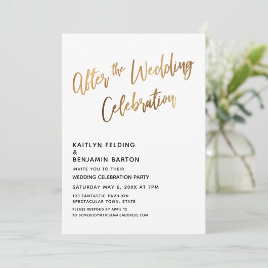 Nach der Hochzeitsfeier Gold Empfang Einladung (Stehend Vorderseite)