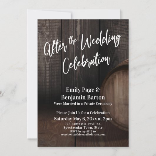 Nach der Hochzeitsfeier Rustikales Holzfass Einladung (Vorderseite)
