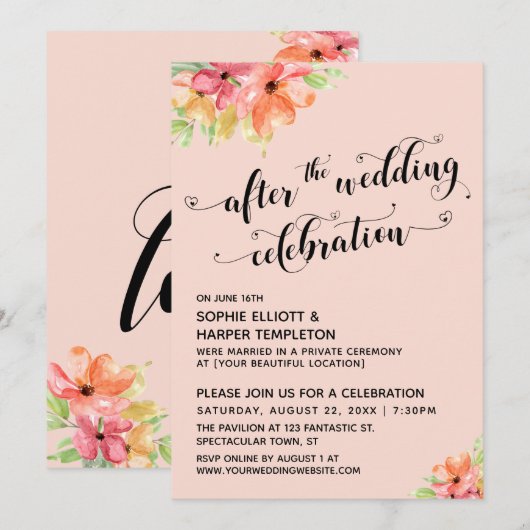 Nach der Hochzeitsfeier Script Blush Floral Einladung (Vorne/Hinten)