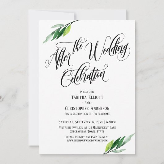 Nach der Hochzeitsfeier Script und Grün Einladung (Vorderseite)