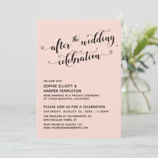 Nach der Hochzeitsfeier steht der Himmel blush Einladung (Stehend Vorderseite)