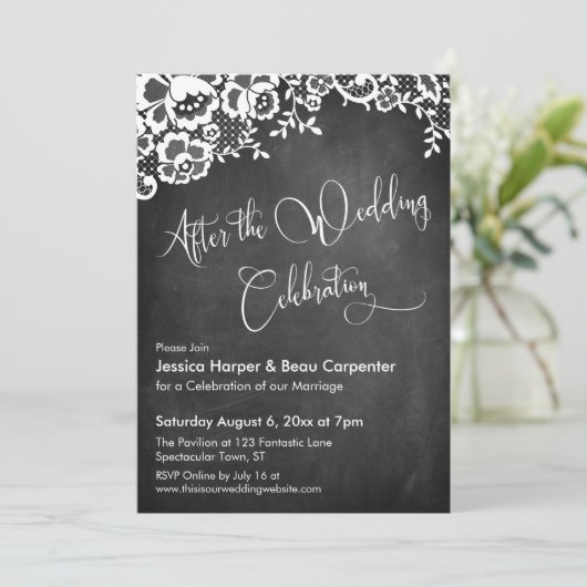 Nach Hochzeit feiern Script Chalkboard Lace Einladung (Stehend Vorderseite)