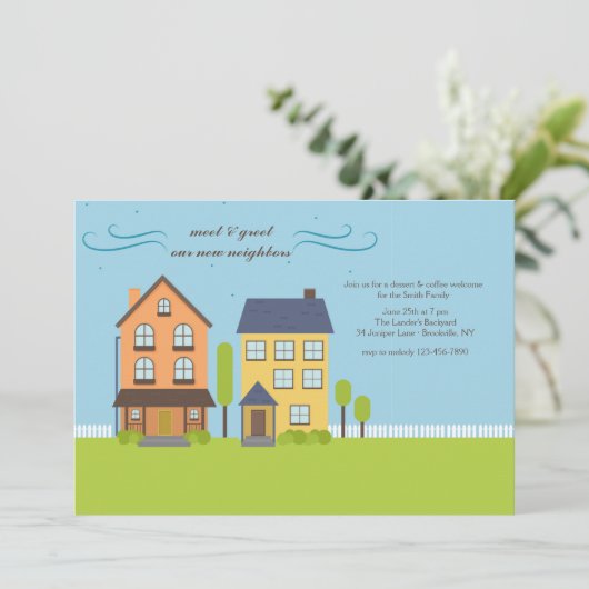 Nachbarn treffen sich und Einladung (Stehend Vorderseite)