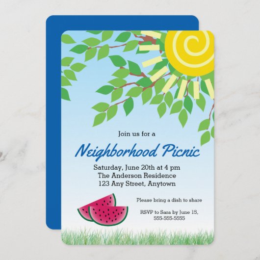 Nachbarschaft Picnic Invitati mit Watermelon & Sun Einladung (Vorne/Hinten)