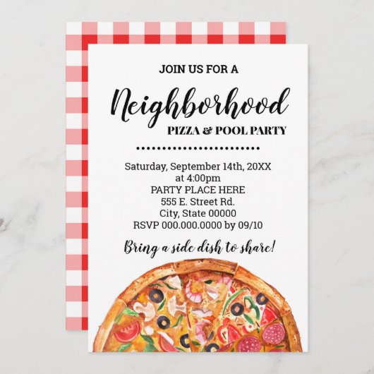 Nachbarschaft Pizza & Pool Summer Party Bash Einladung (Vorne/Hinten)