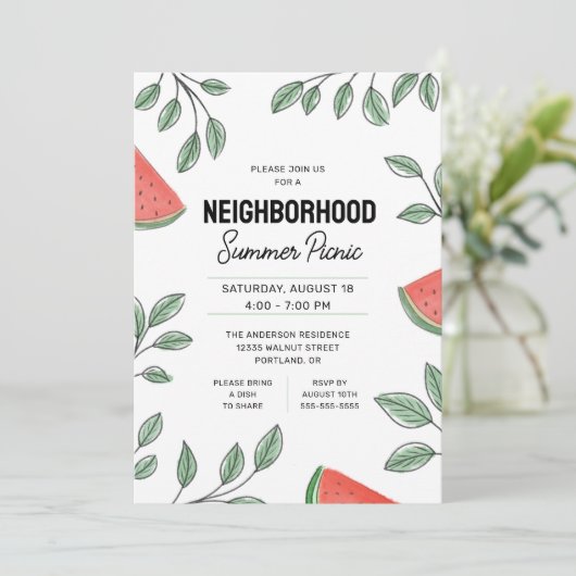 NachbarschaftsSummer Picnic Watermelon Einladung (Stehend Vorderseite)