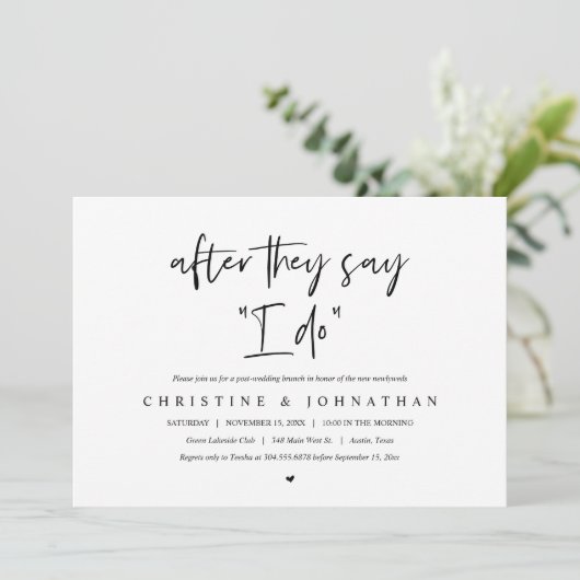 Nachdem sie sagen, ich tue, Post Hochzeit Brunch E Einladung (Stehend Vorderseite)