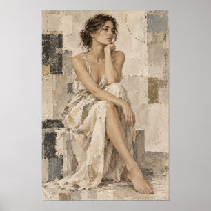 Nachdenkliche Frau im weißen Kleid Neutrale Abstra Poster